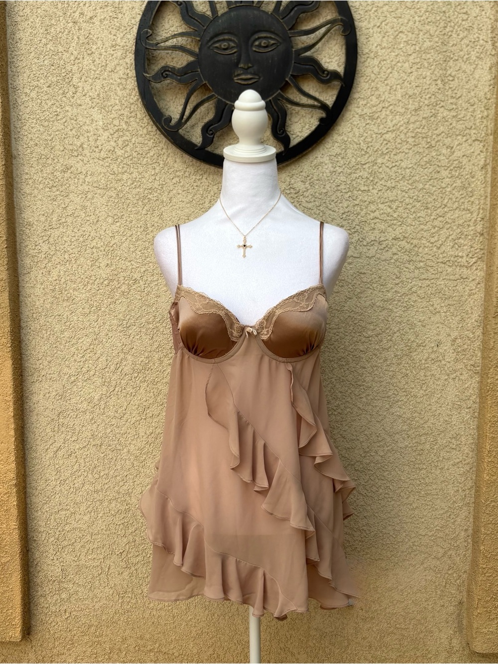 Delicates Tan Gold Ruffled Lace Trim Slip Dress Y2K Coquette Soft Girl